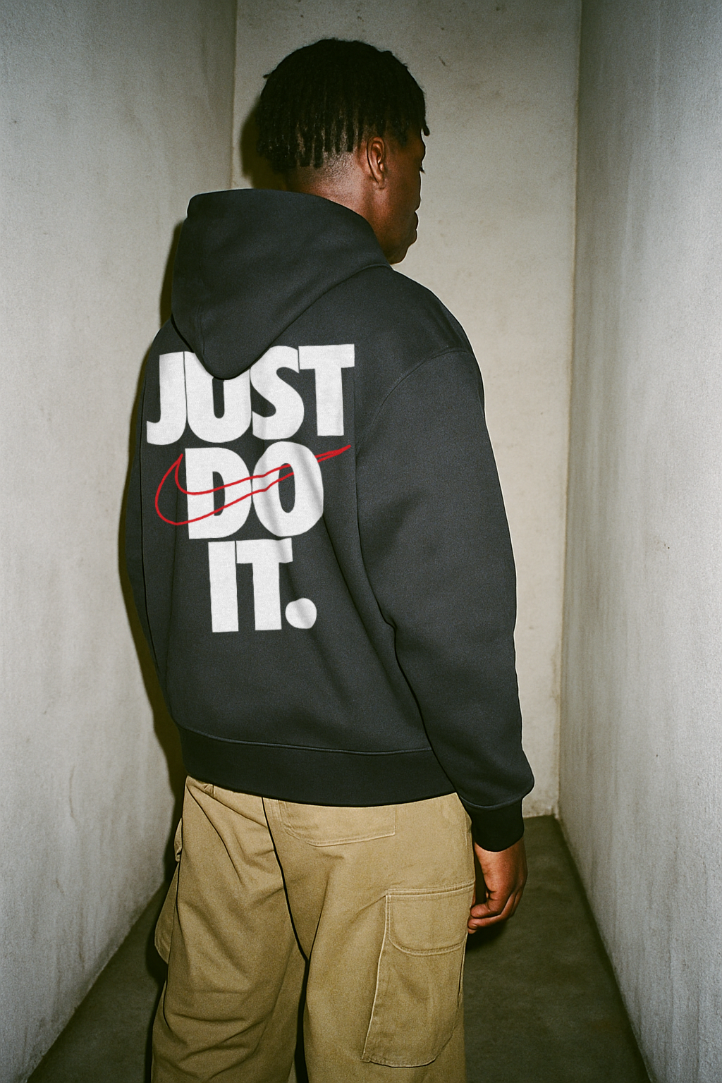 Concrete Corridor AI Photoshoot Recipe: African Male in Black Hoodie