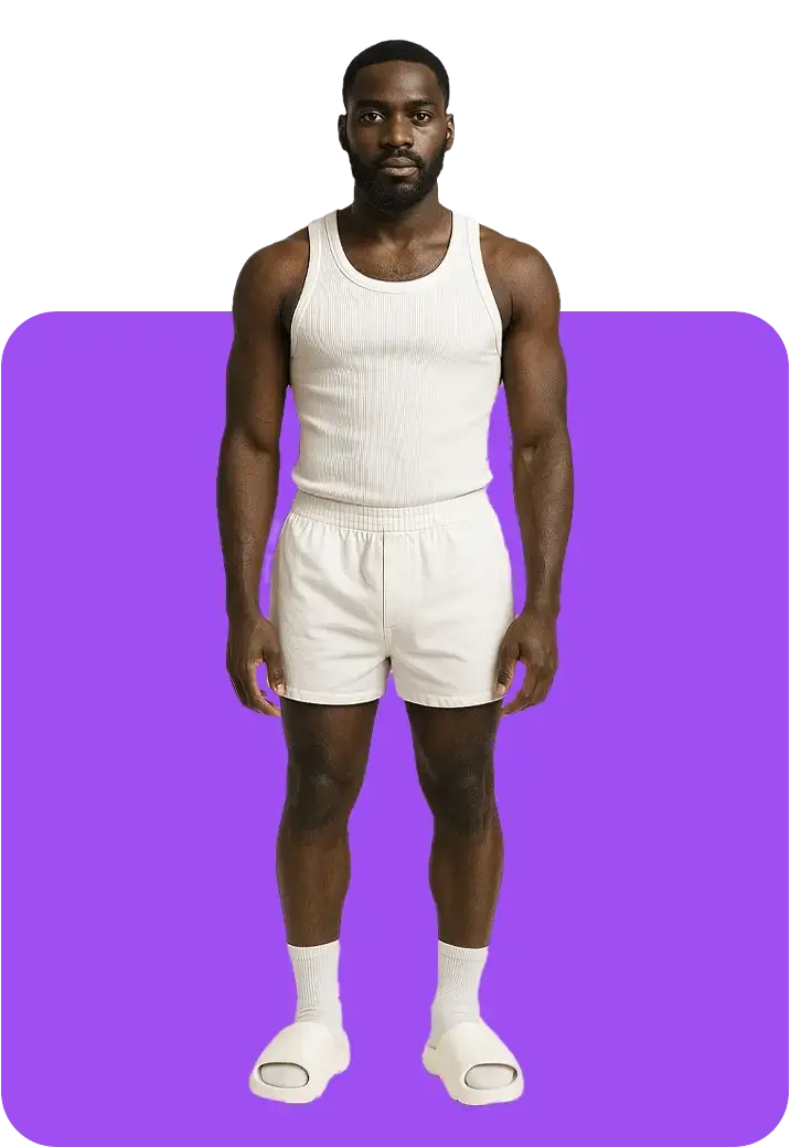 ai african male model wearing a white tank top and boxer shorts mockup
