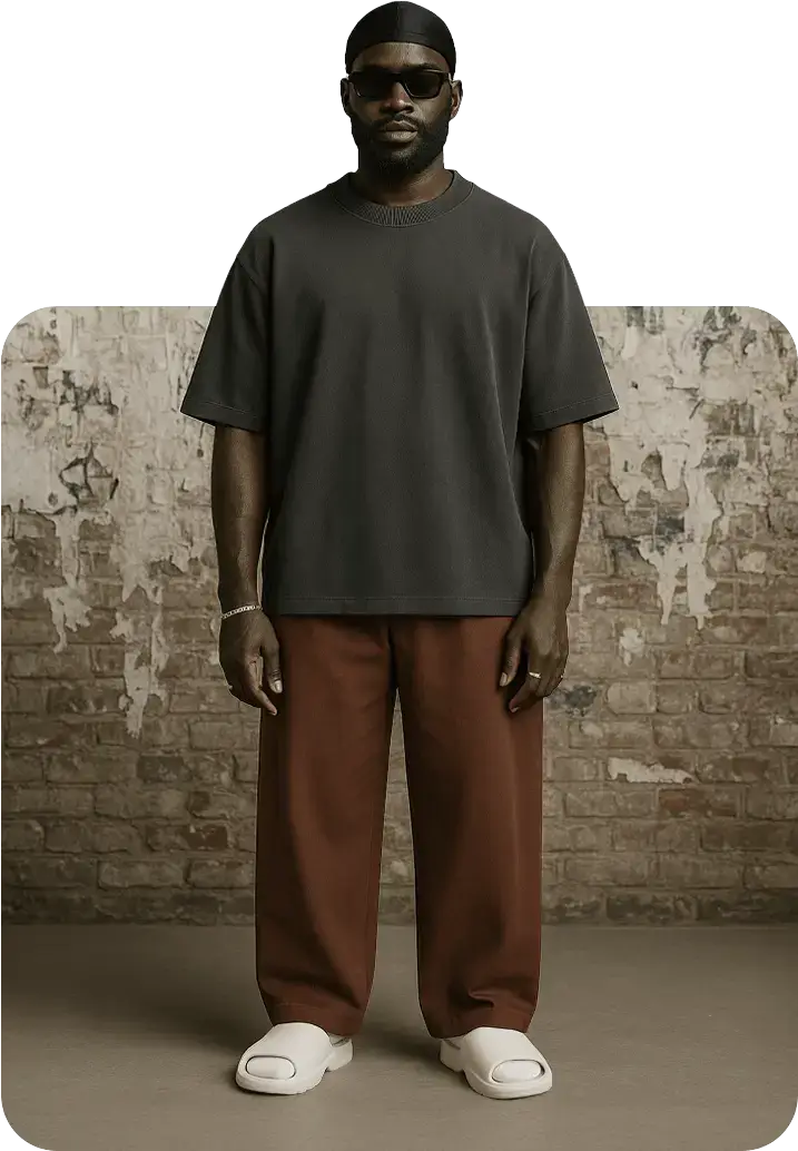 ai african male model wearing a charcoal t-shirt and pants mockup