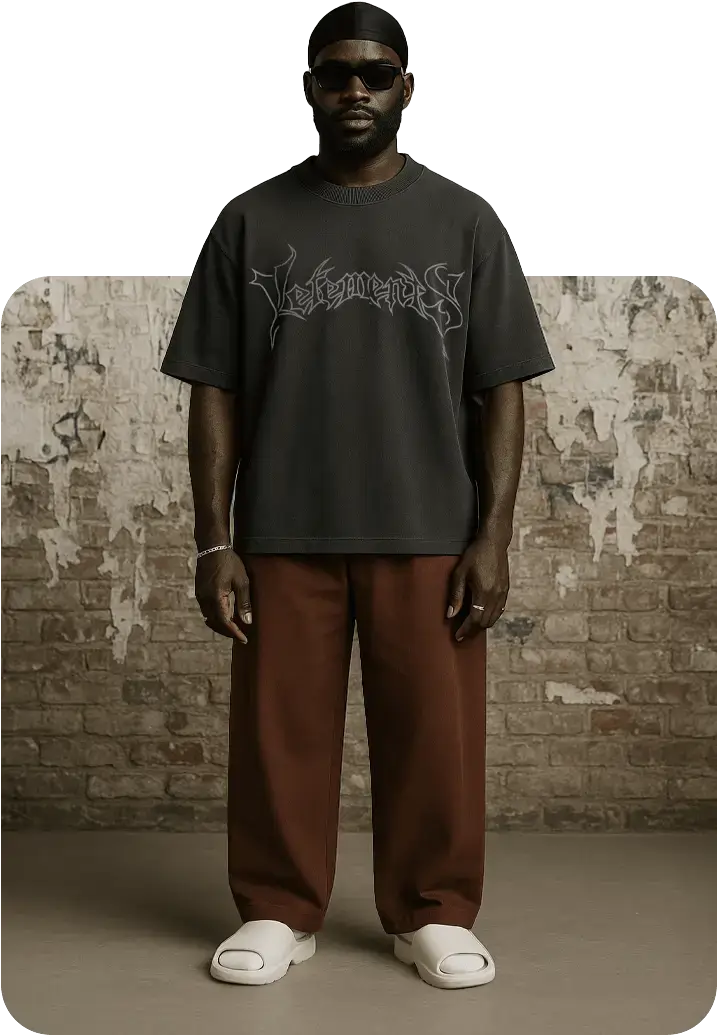 ai african male model wearing a charcoal t-shirt and pants mockup