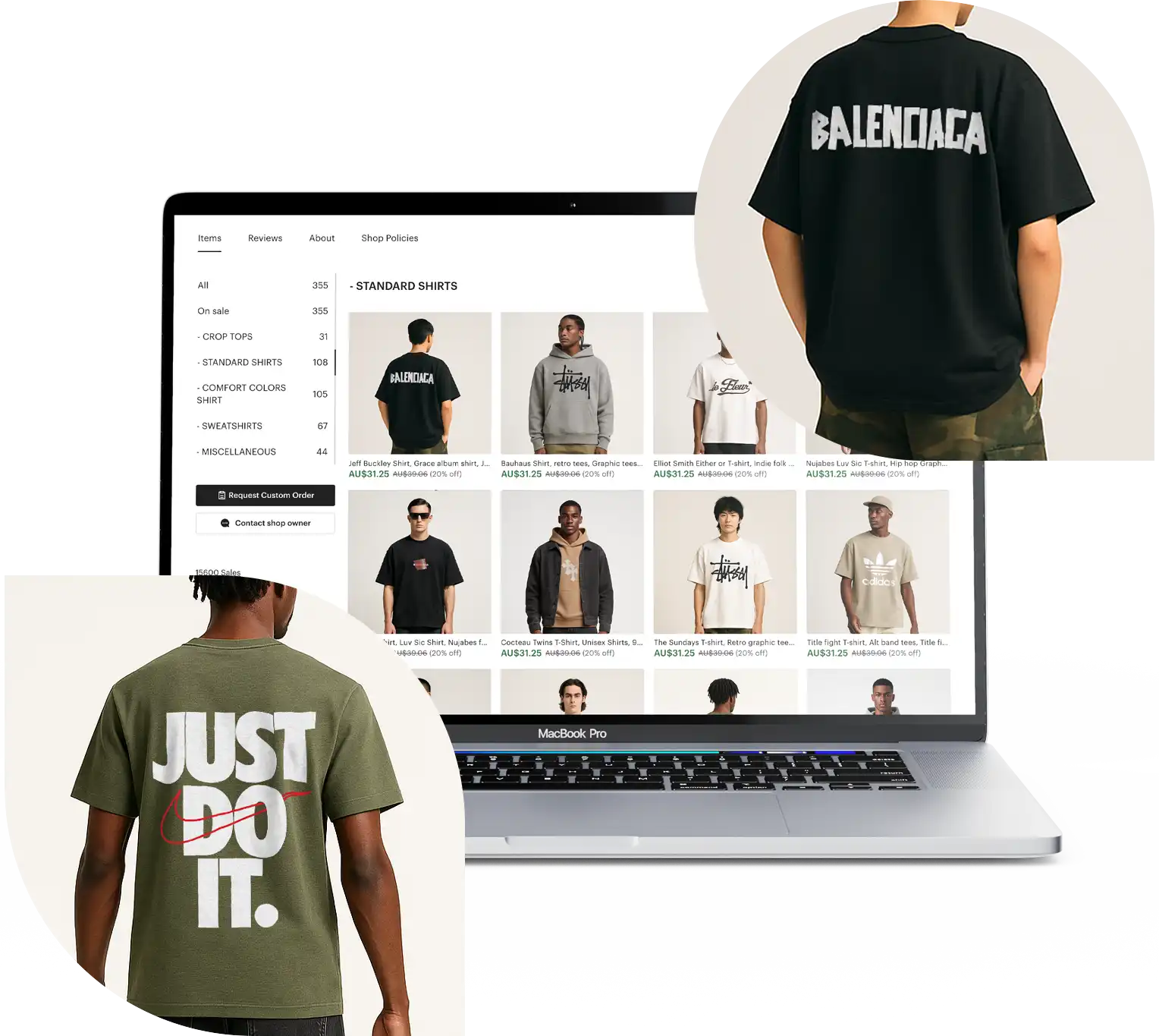 landing-etsy-hero - Mock It AI Laptop displaying various t-shirt designs including green 'Just Do It' and black 'Balenciaga' t-shirts.