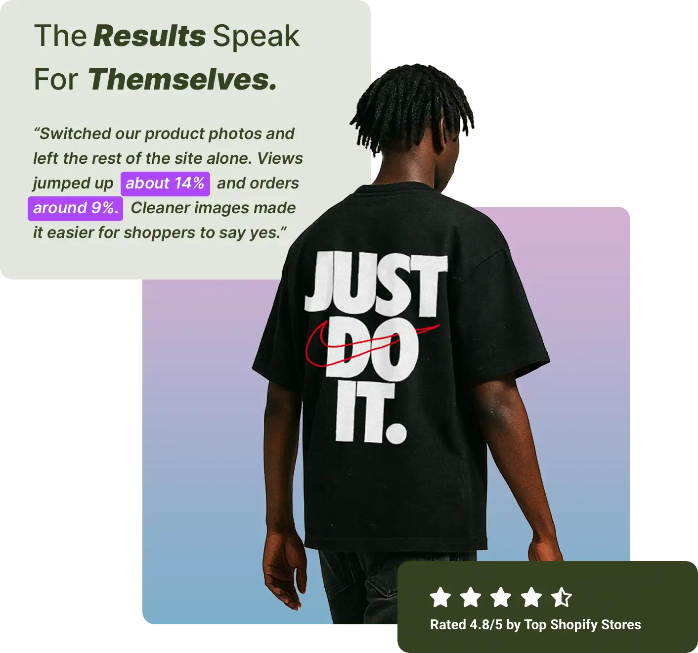 Black Nike 'Just Do It' t-shirt with testimonial text.