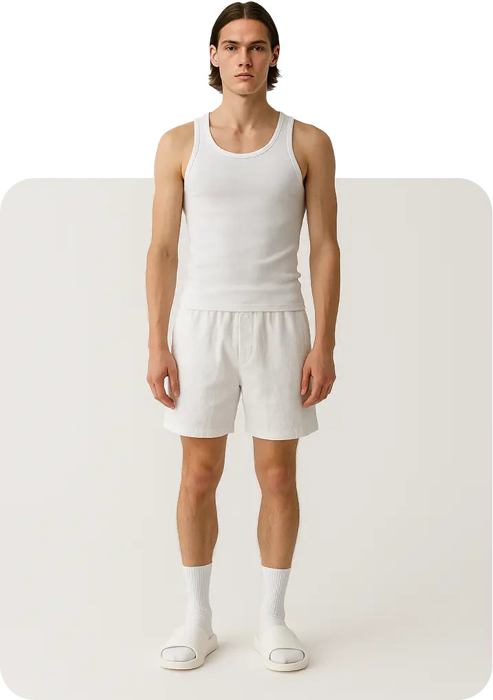 Man wearing all white: tank top, shorts, socks, and sandals.