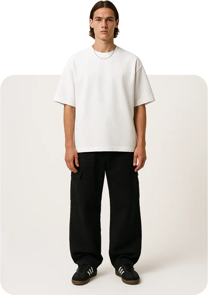 Men modeling long-sleeve white t-shirt with black cargo pants and Adidas shoes.