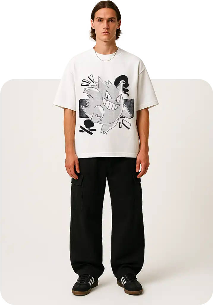 White t-shirt features bold black graphic design of a mythical creature.
