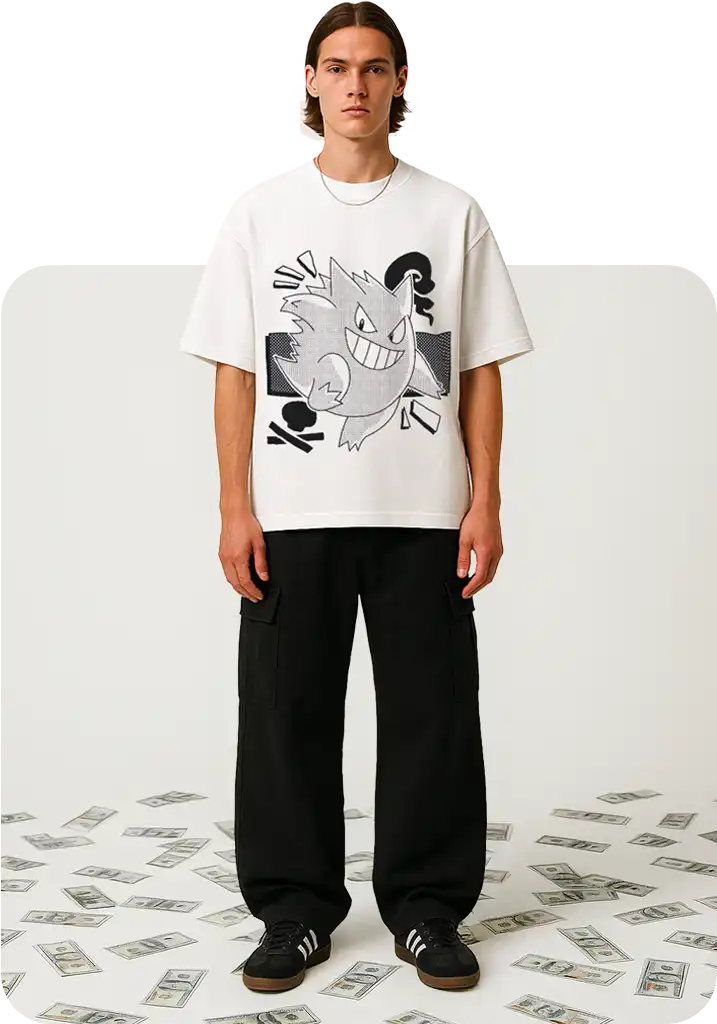 White graphic tee with stylized creature; model standing on scattered cash.