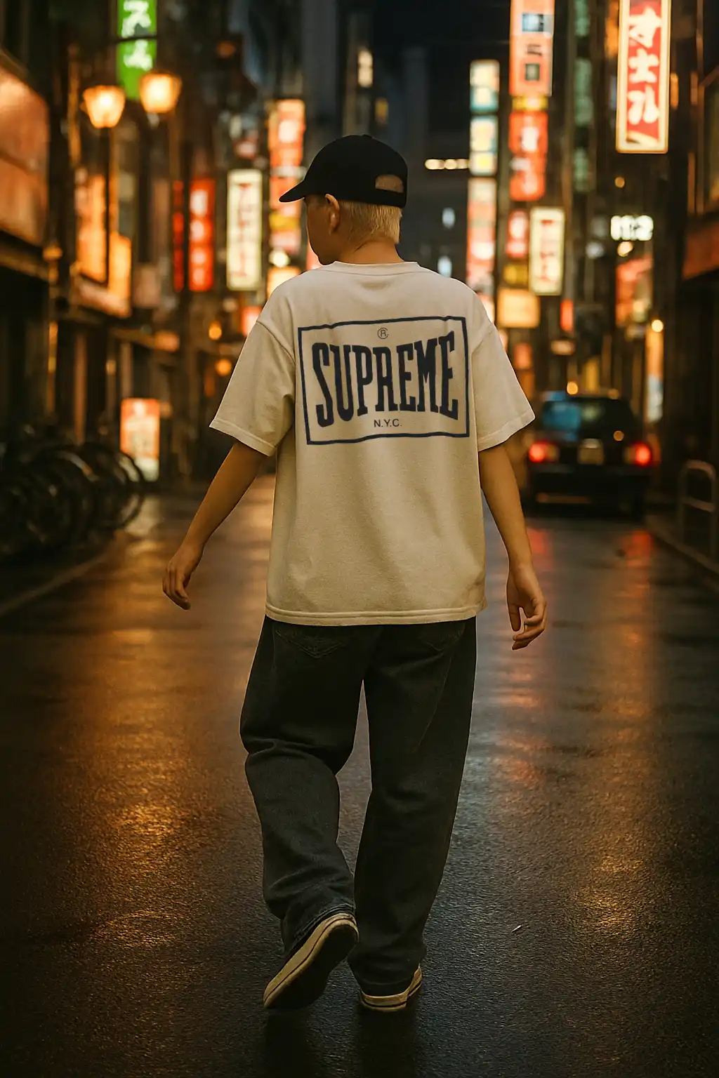 Mockup204 - Mock It AI A person wearing a Supreme t-shirt facing a neon-lit city street at night.