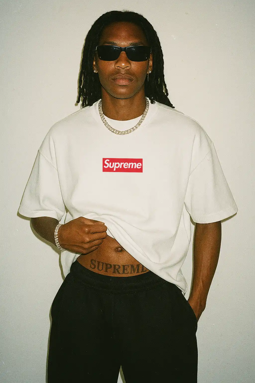 Mockup235 - Mock It AI Man wearing a Supreme t-shirt and gold jewelry.