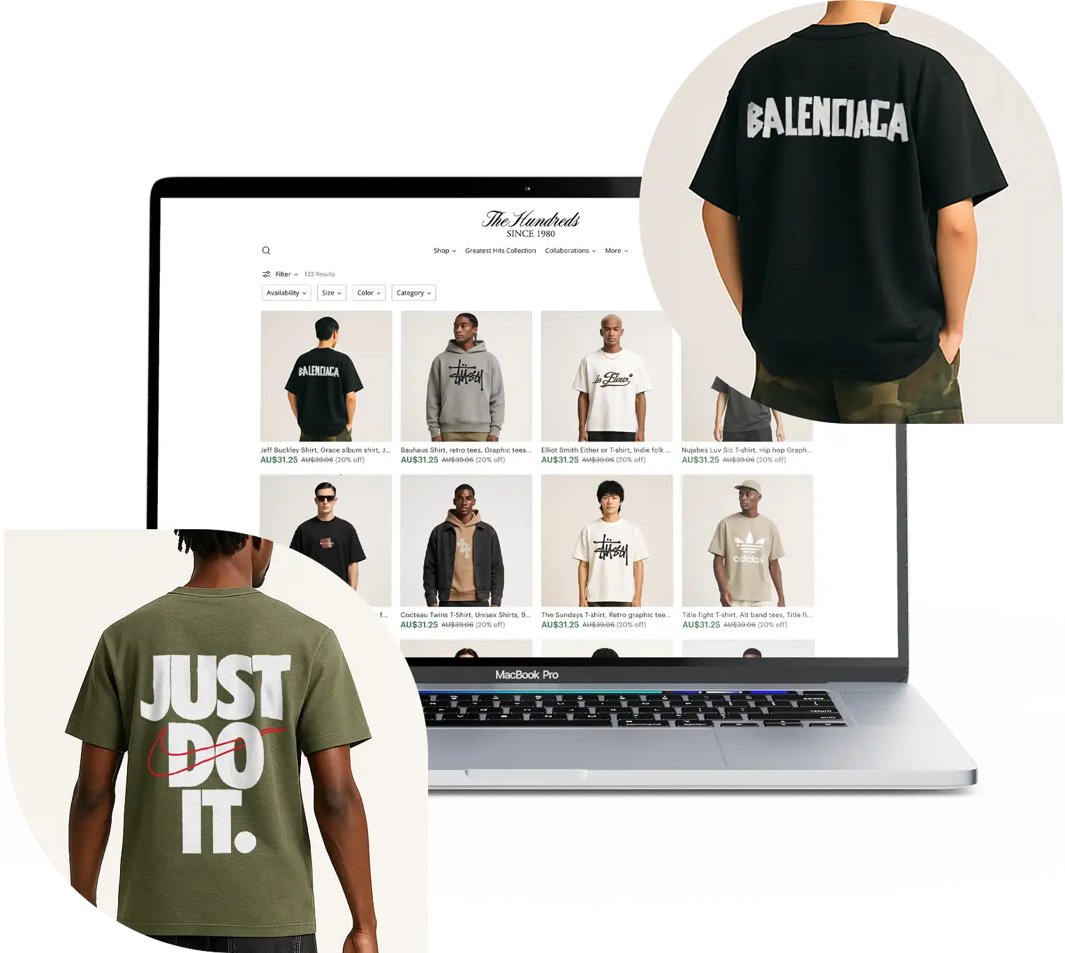 Laptop showing t-shirt store with Balenciaga and JUST DO IT. t-shirts.