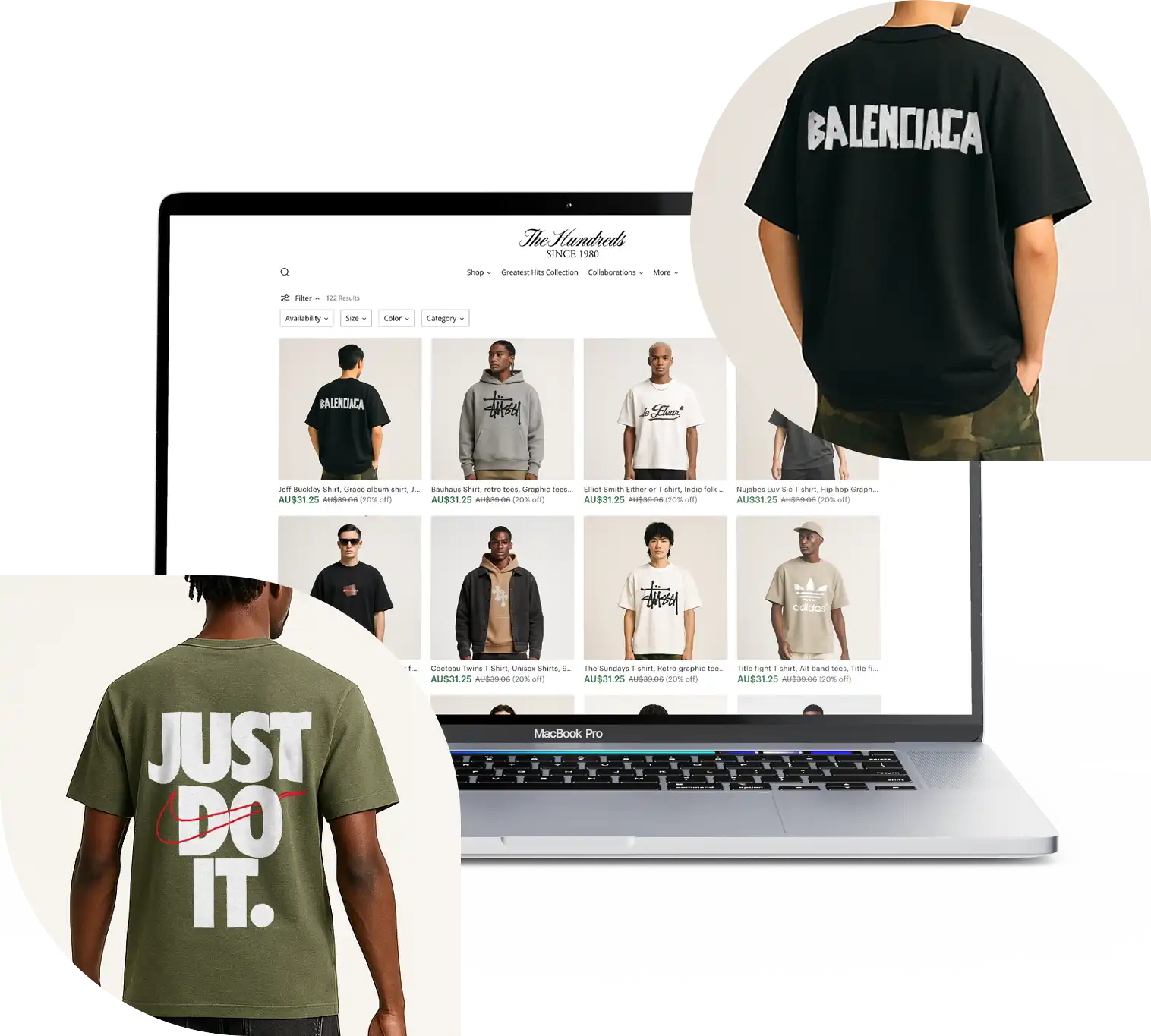 Laptop showing t-shirt store with Balenciaga and JUST DO IT. t-shirts.