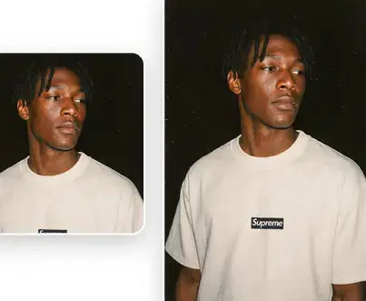 Person walking in white sweatshirt with gray POLOACE text and camouflaged pants.