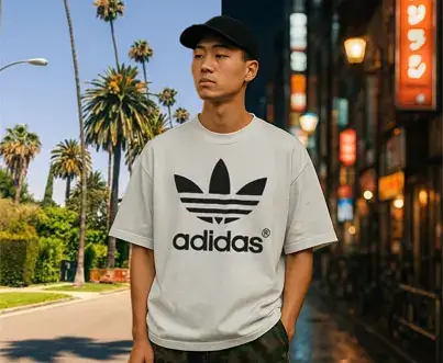Model wears white Adidas t-shirt outdoors.
