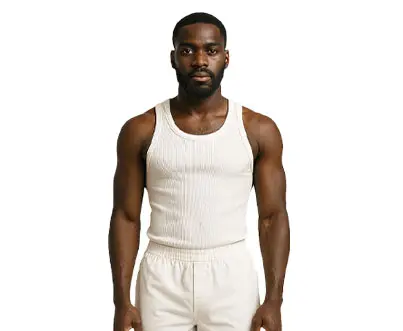 Model in white YSL logo t-shirt against dark background.