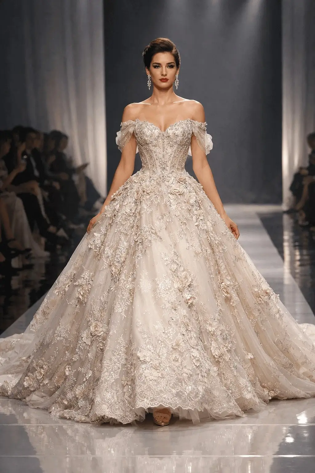 elegant model wearing a lavish, custom-made gown