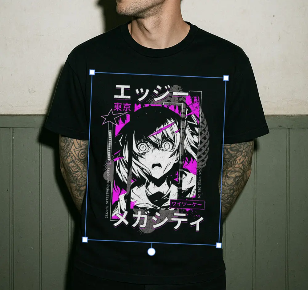 Anime t-shirt design, Japanese text.