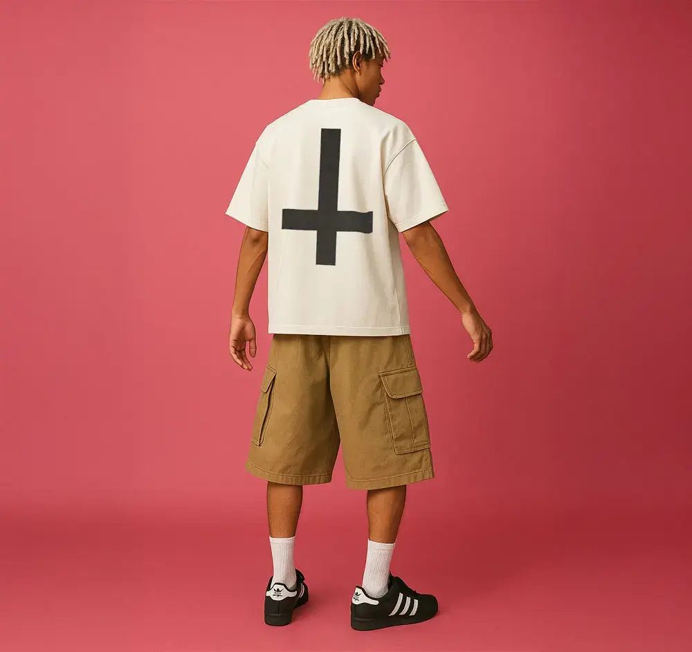 Back view: white t-shirt with black plus, khaki cargo shorts, Adidas shoes.