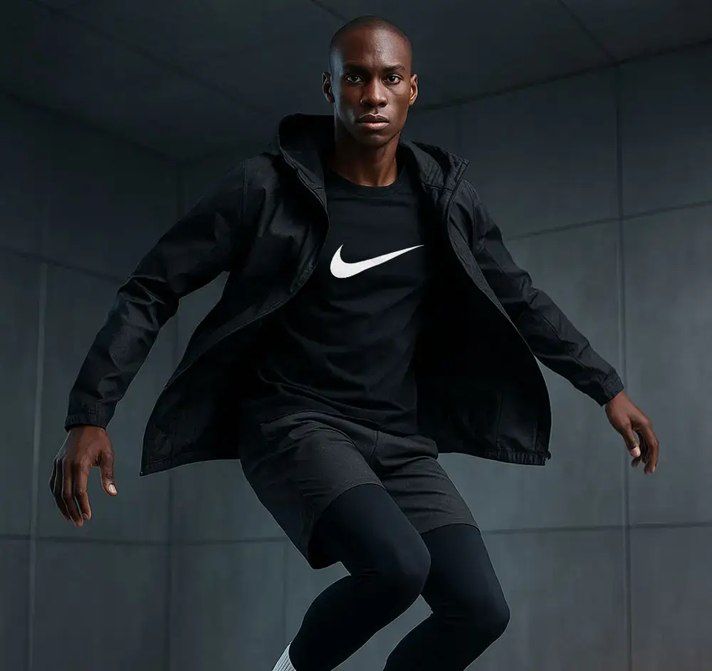 Athlete in black Nike tracksuit with reflective swoosh in modern, dark environment.