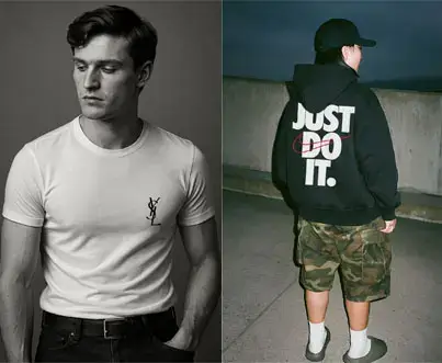 Man in black Nike shirt crouched outdoors.