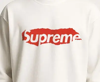 White sweatshirt featuring red Supreme logo text.