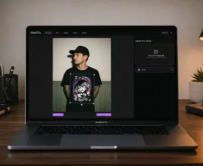 Model in plain white t-shirt with small logo against plain backdrop.