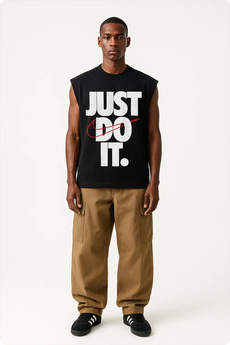 mockup67 - Mock It AI Man in black sleeveless Just Do It shirt, khaki pants, Adidas shoes.