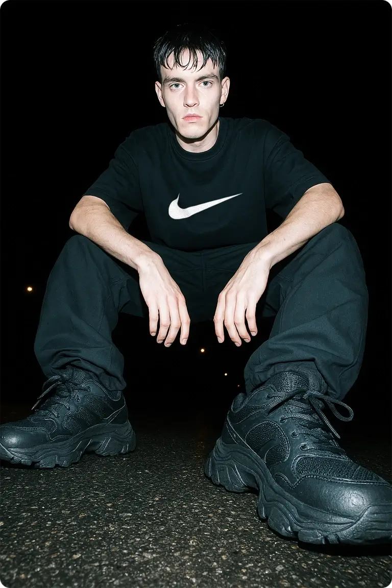 mockup68 - Mock It AI Crouching man in black Nike t-shirt and chunky black sneakers on dark.