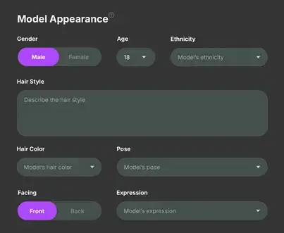 Demographic filters for model appearance selection on black screen.