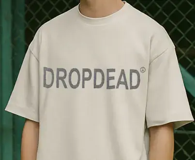 White t-shirt with bold DROPDEAD® text.
