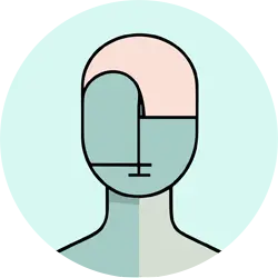 Stylized bald head silhouette in a circle on blue background.