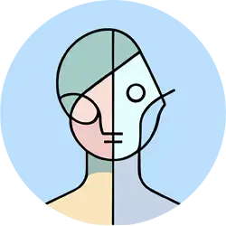 Four-colored bald head sections within a light blue circle.