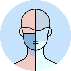 Pink and blue bald head silhouette in a light blue circle.