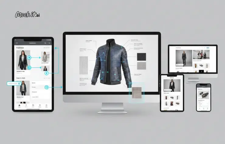 Mockit.ai fashion platform displayed across multiple devices showing AI-powered jacket customization and product visualization