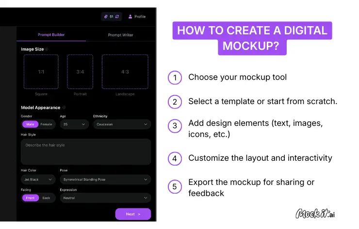 Step-by-step process of creating a digital mockup including tool selection, template design, customization, and export workflow