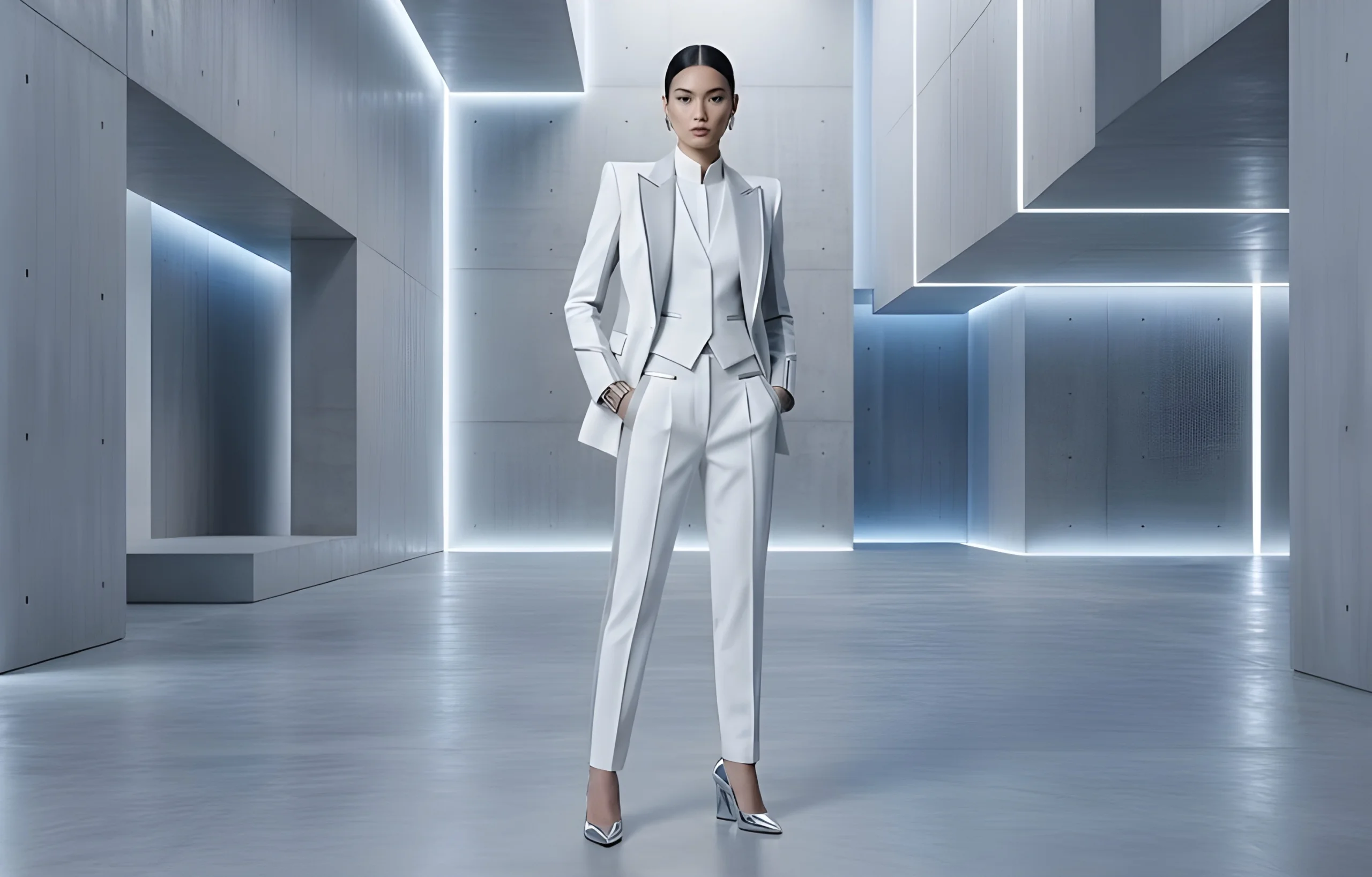 Woman in white suit standing in modern space. Period.