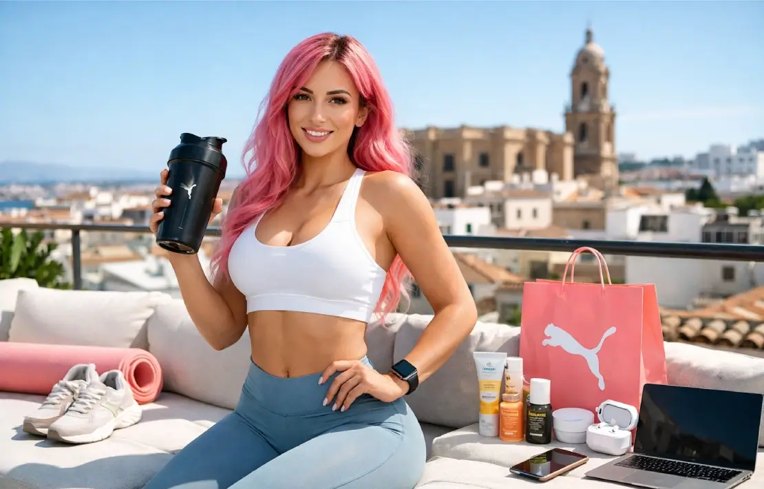 Woman working out, pink hair, Puma tank top, rooftop city view.