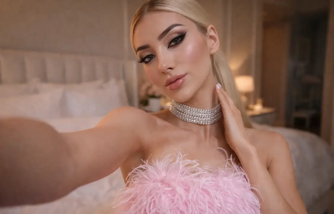 Woman in pink sequin dress, bed in background.