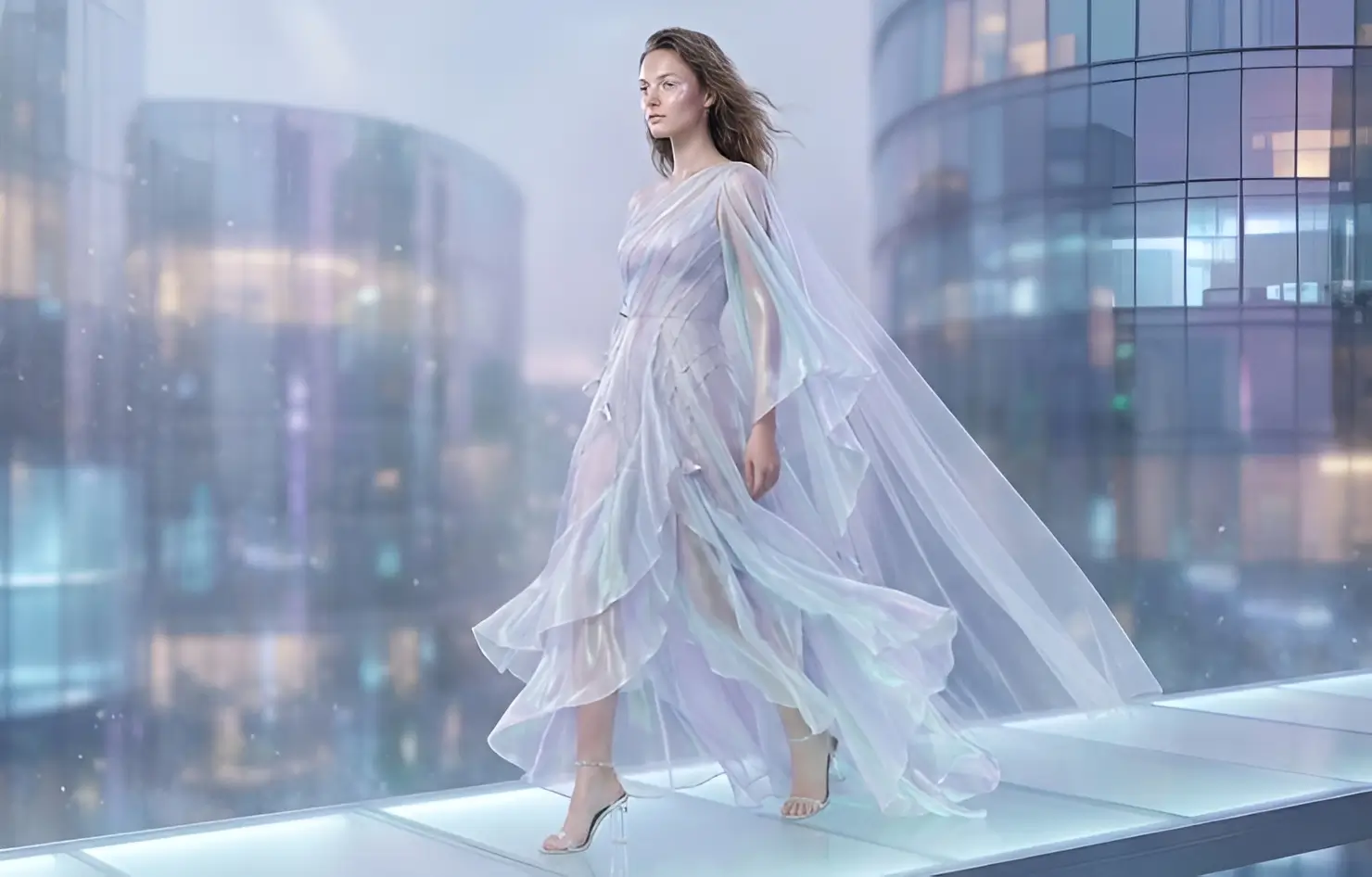 Woman in flowing iridescent dress on rooftop. Period.