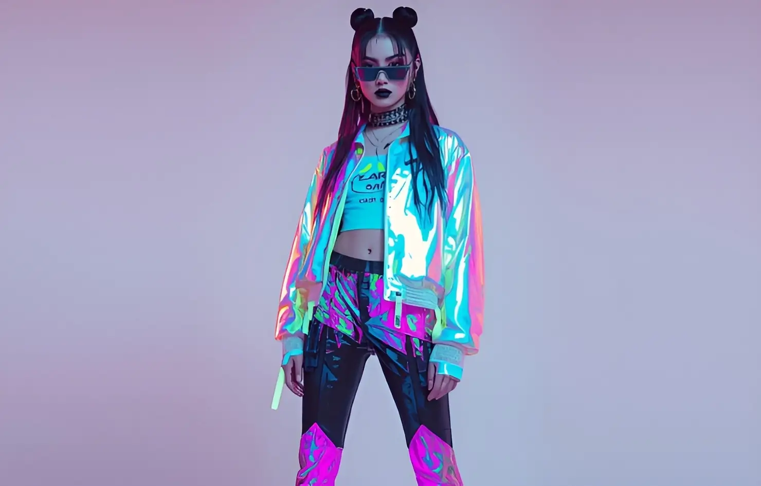Woman in iridescent jacket and pants. Period.