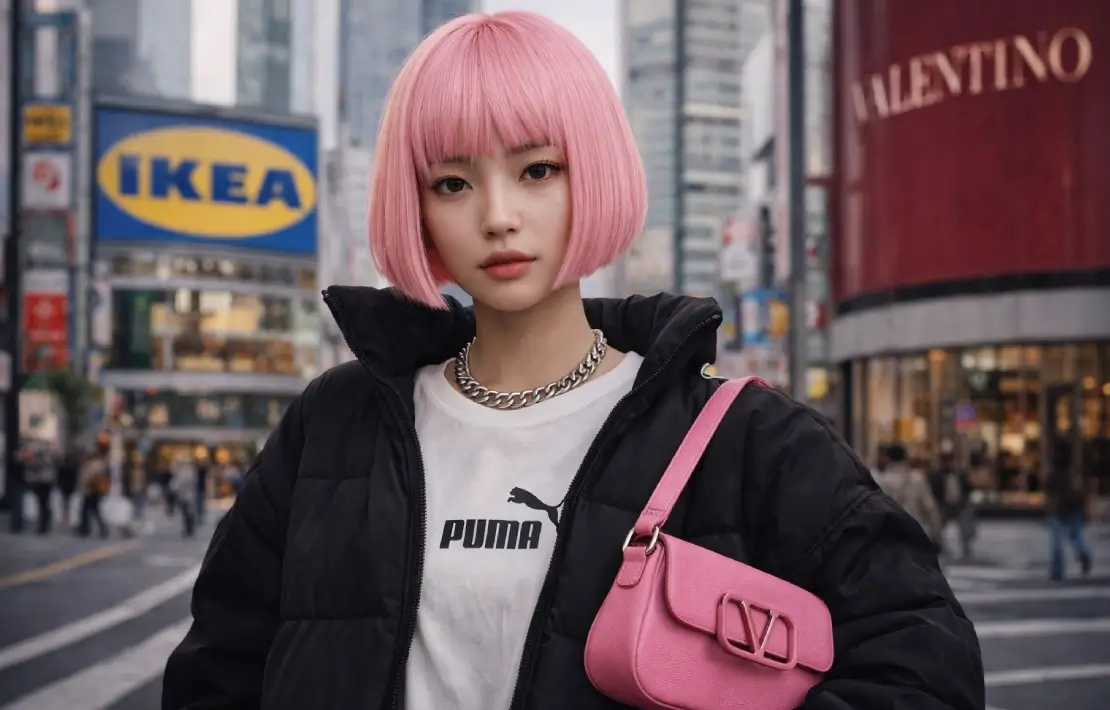 Woman with pink hair, Puma jacket, pink bag, IKEA and Valentino store.