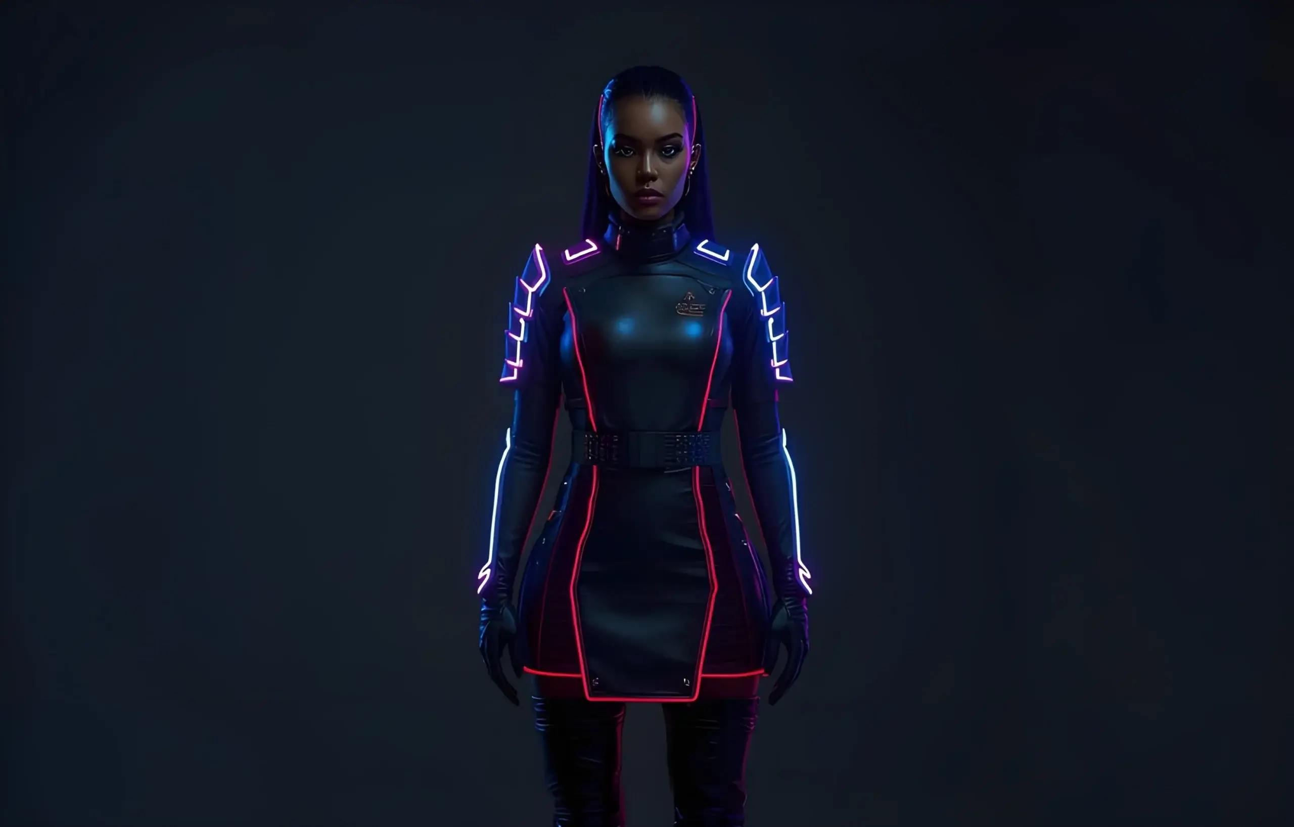 Futuristic woman in glowing armor, cyberpunk style.