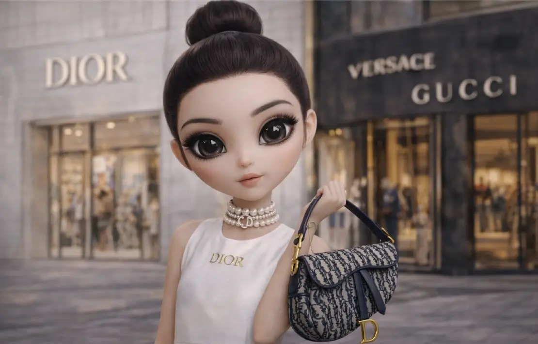 Doll-like woman, plastic hairstyle, white dress, pearl choker, Dior purse.