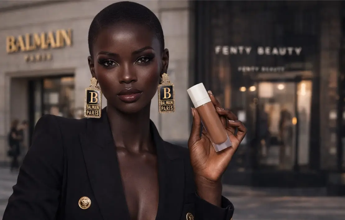 Woman in black blazer, holding fragrance bottle near Balmain Paris store.