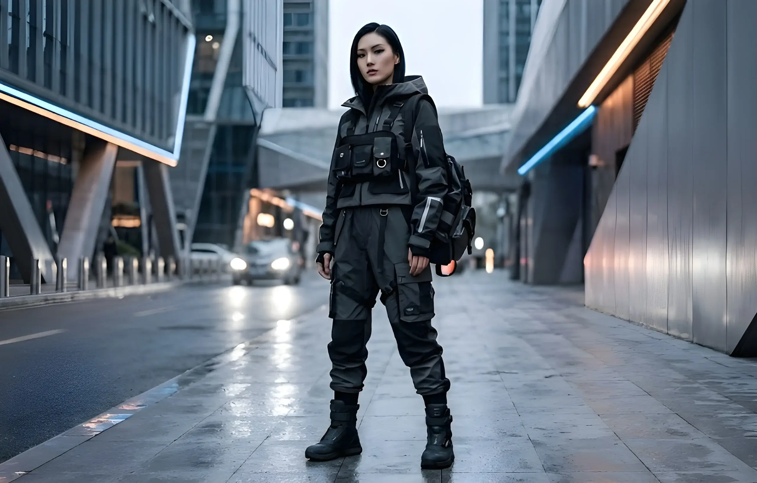 Model in black tactical jumpsuit on city street. Period.
