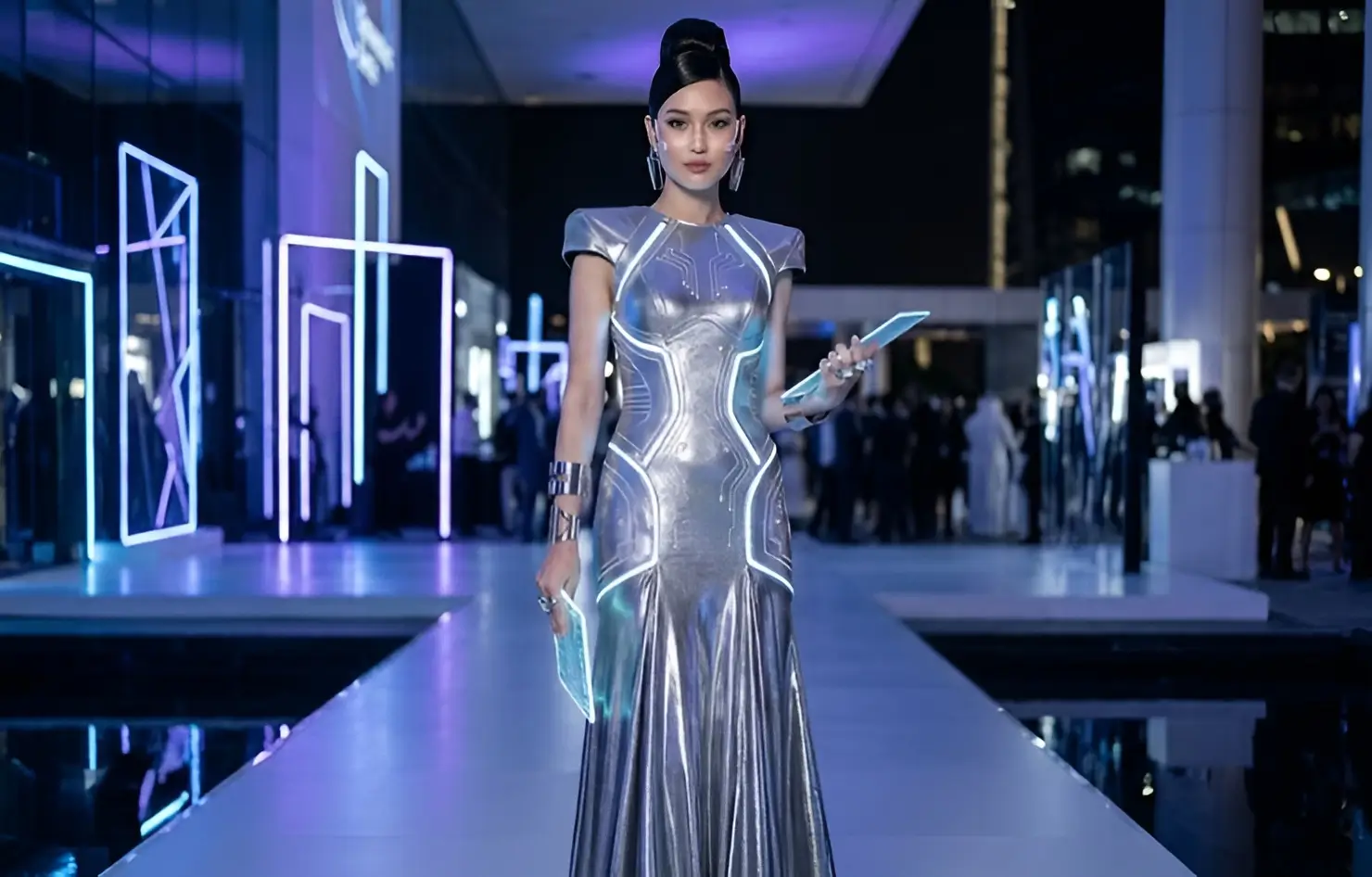 Model in futuristic silver gown on runway. Period.