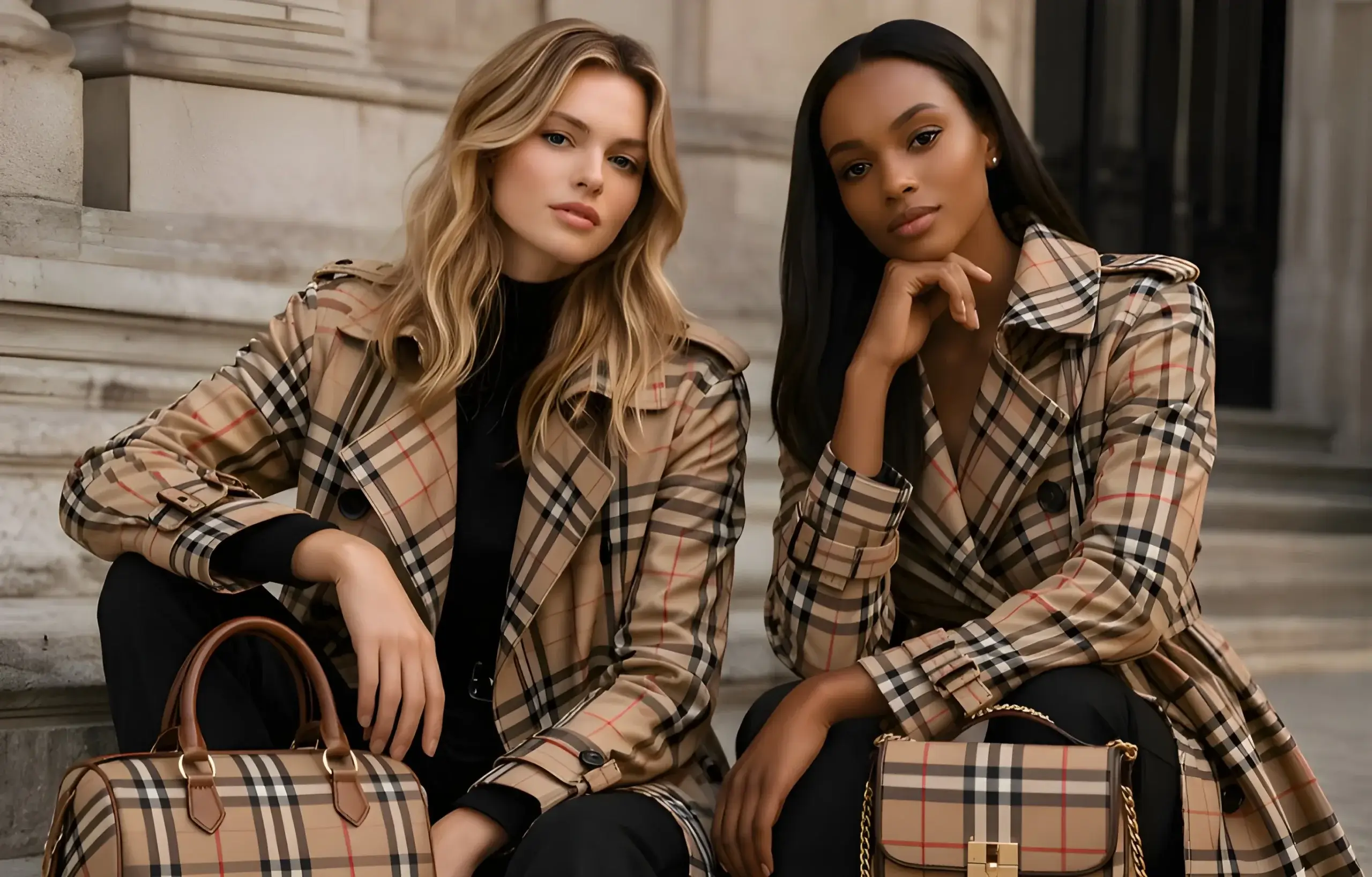 Two women wearing Burberry plaid coats, outerwear, fashion.