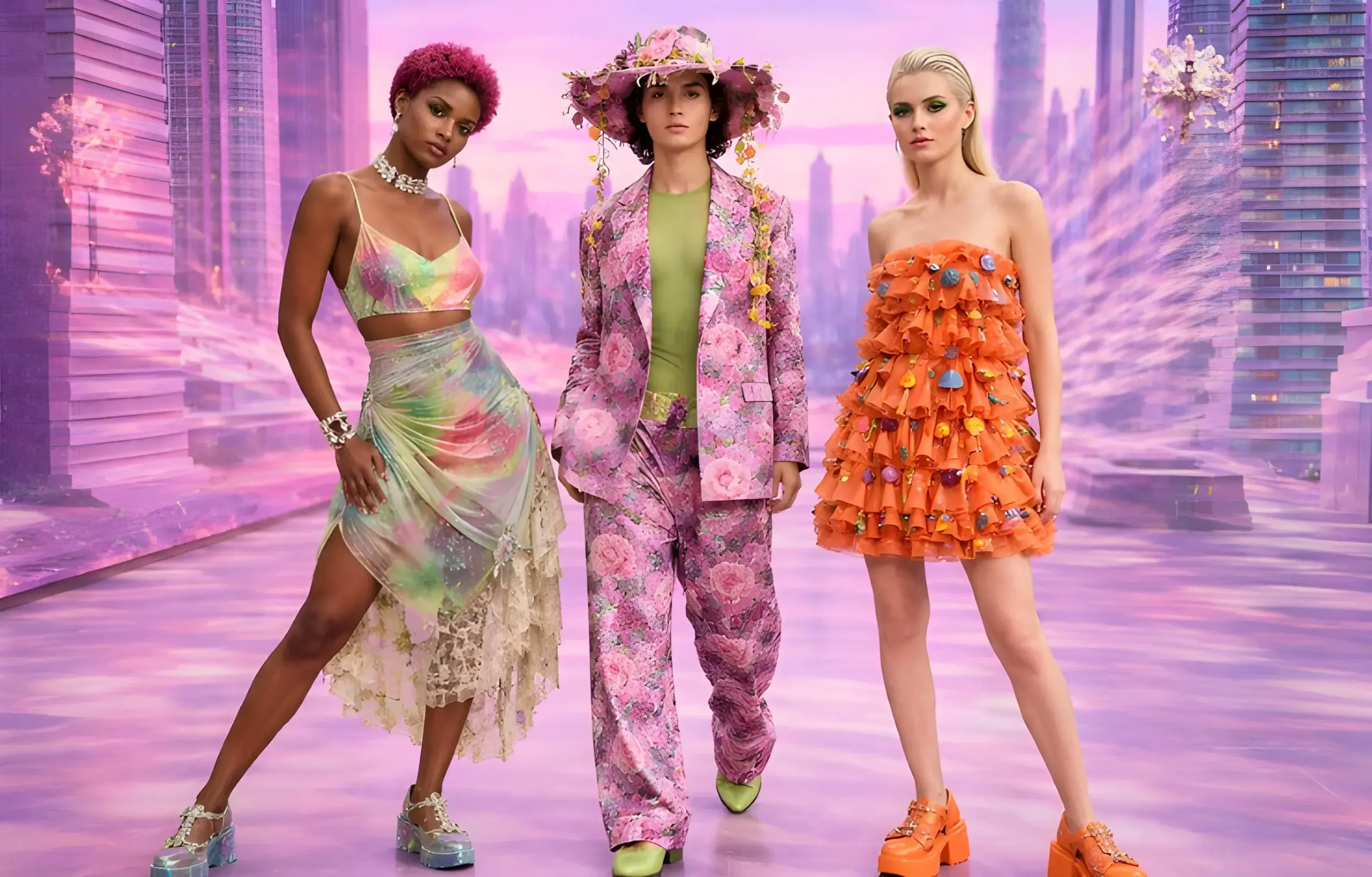 Colorful fashion models in a futuristic cityscape, fashion.