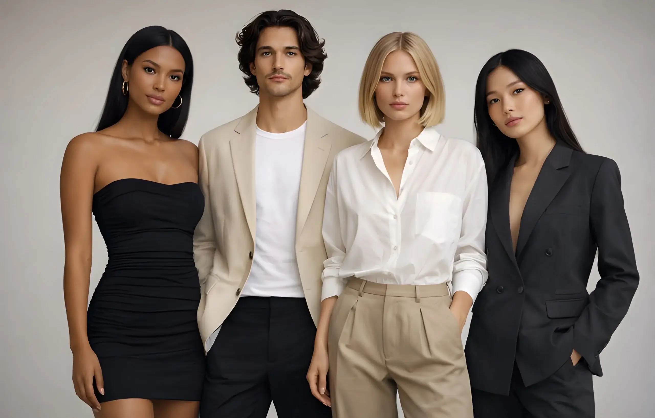 Diverse group of models in fashionable outfits, fashion, style.