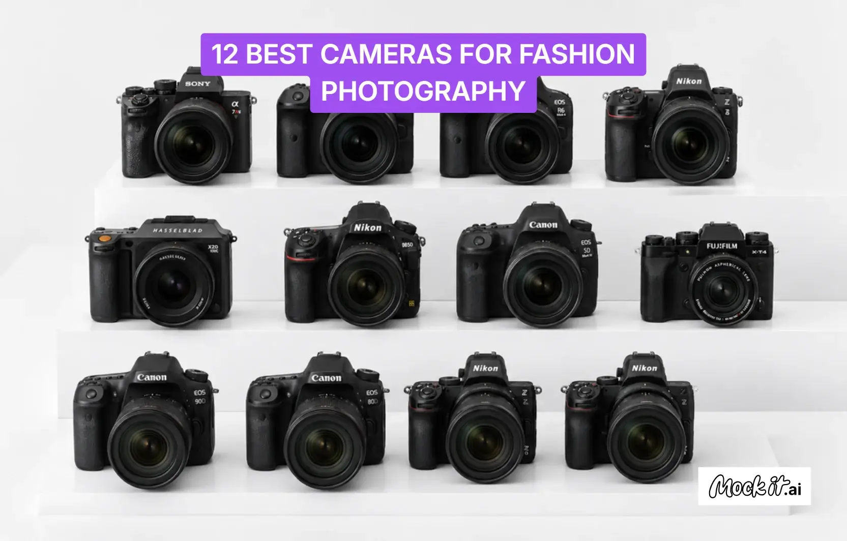 12 best cameras for fashion photography - Mock It AI Banner reading '12 BEST CAMERAS FOR FASHION PHOTOGRAPHY' over a row of twelve cameras displayed on white shelves, illustrating a photography gear guide