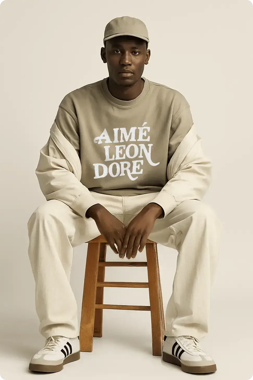 Neutral outfit seated fashion mockup