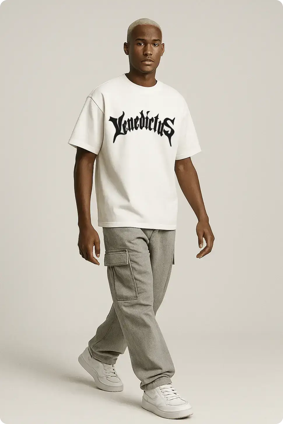 White t-shirt walking fashion mockup